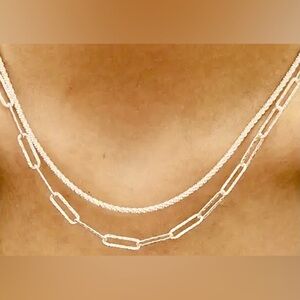 Silver Plated Double Chained Necklace and Bracelet Set, Paperclip + Rope Design
